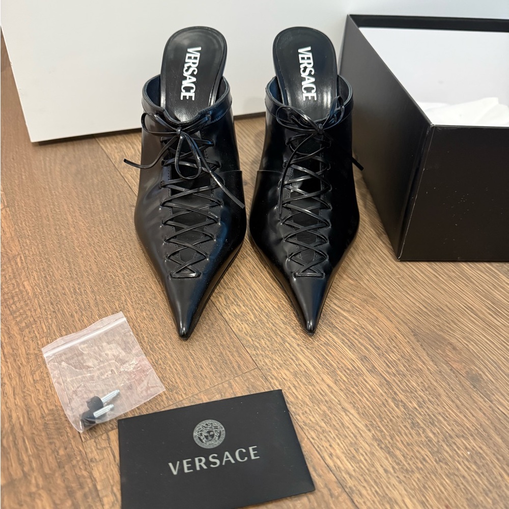 Versace Black Lace-Up Mules